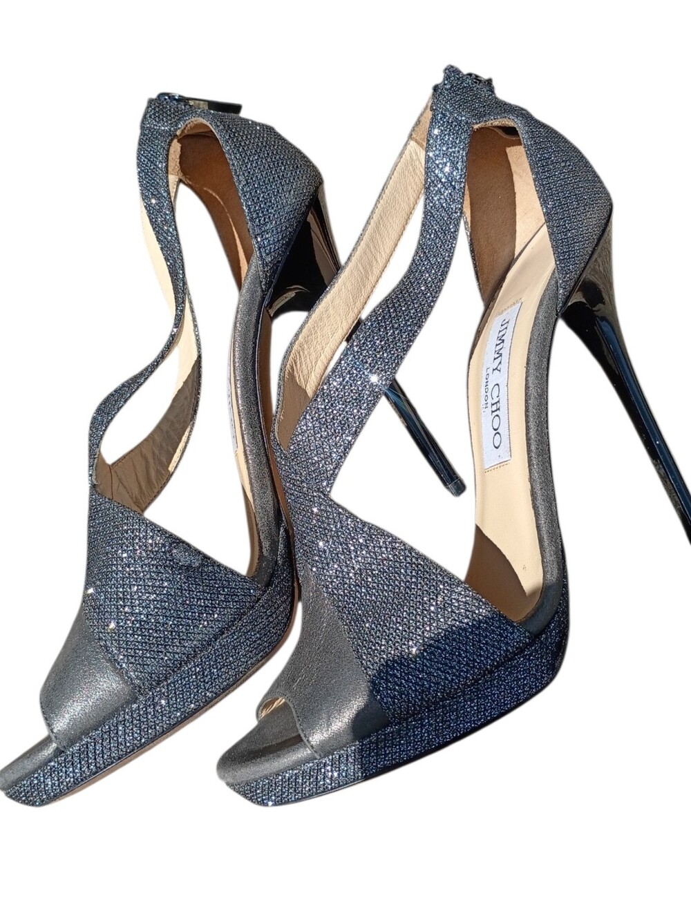 Authentic Jimmy Choo Leather Glitter Sandals With A 5 Inch Heel Size 39 - Picture 4 of 9